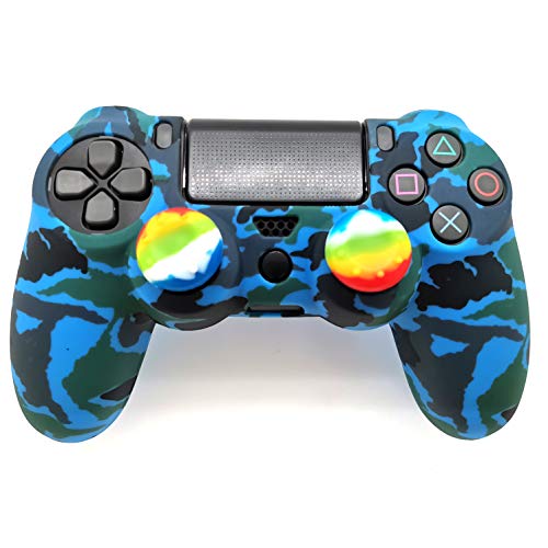 Silicone Skin Cover for Ps4 Controller (1pc Anti-Slip Case, 1 Pair L2 R2 Trigger Extender, 4pcs Thumb Grips,4pcs LED Light Bar Decal) Protector for DualShock PS4/ Slim/Pro Controller (Blue camouflage) - color: Blue camouflage