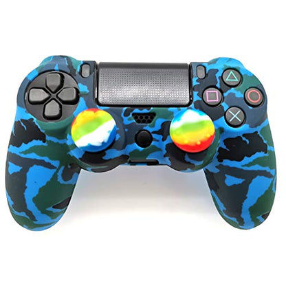 Silicone Skin Cover for Ps4 Controller (1pc Anti-Slip Case, 1 Pair L2 R2 Trigger Extender, 4pcs Thumb Grips,4pcs LED Light Bar Decal) Protector for DualShock PS4/ Slim/Pro Controller (Blue camouflage) - color: Blue camouflage