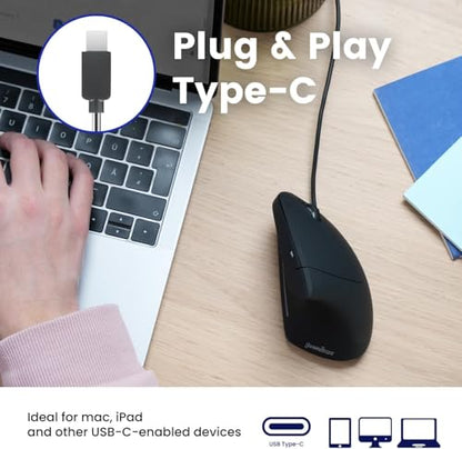 Perixx PERIMICE-513C Wired Vertical USB-C Mouse, 6 Buttons, Adjustable 1000/1600 DPI, Right-Handed, 5.9ft Cable, Black - style: USB Type-C