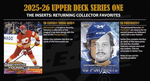 2025 2026 Upper Deck Series One Hockey Unopened Blaster Box of Packs with a Young Guns Rookie Card, an OPC Glossy Card, an Encore Insert and Green Dazzler Card Plus