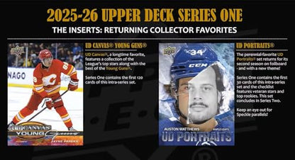 2025 2026 Upper Deck Series One Hockey Unopened Blaster Box of Packs with a Young Guns Rookie Card, an OPC Glossy Card, an Encore Insert and Green Dazzler Card Plus