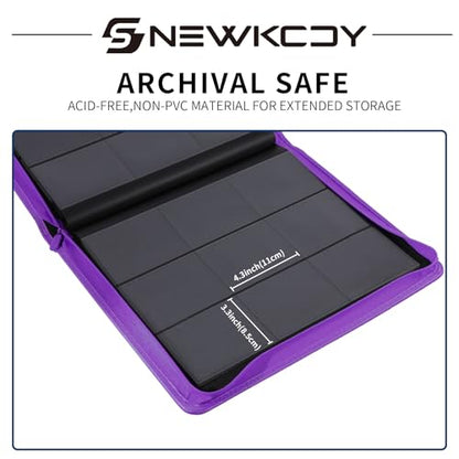 Snekdy Top loader Binder, 9 Pockets Top Loader，Holds 360 Top Loaders cards, Card binder with Sleeves for card in 3 x 4 inches color smooth Zipper PU Leather (Purple) - color: Purple