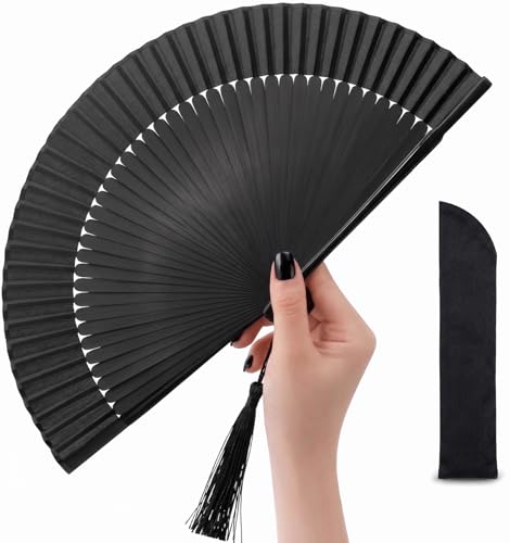 Japanese Folding Hand Fan for Women - Bamboo Silk Handheld Foldable Fan with Tassel & Pouch for Hot Flashes, Rave, Church, Gift,Wedding - Whisper-Quiet, Purse Size (Black) - color: Black