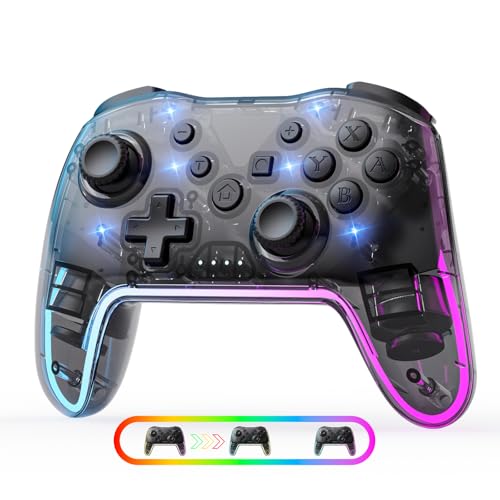 Wireless Pro Ergonomic Controller for Switch/PC/iOS/Andorid | Compatible with Lite/OLED/. 7-Color RGB Lighting, Turbo/Vibration Adjustment, 10H Battery life, One-Key Wake-Up. - color: TransparentBlack