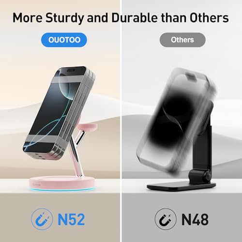 【Adjustable Blue Ambient Light】 Wireless Charger 3 in 1 for iPhone, Magnetic Charging Station for Apple Family,15W Fast MagSafe Charger Stand,for iPhone17-12-iWatch AirPods Series - color: Pink