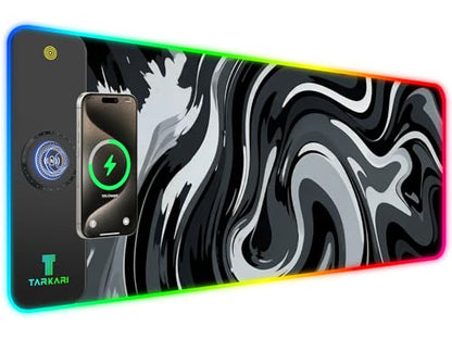 TARKARI Magnetic Wireless Charging RGB Mouse Pad, Large Gaming Desk Mat Waterproof, 31.5"x11.8" Black Mousepad, Ultra-Smooth Surface, Non-Slip Rubber Base, Desk Pad for Keyboard Laptop - color: Ink-Splash Pattern