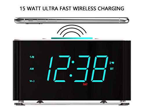 Emerson ER100401 Smartset 15Watt Ultra Fast Wireless Charging Dual Alarm Clock Radio with Bluetooth Speaker, USB Charger, Cyan LED Night Light and 1.4" Display - style: ER100401