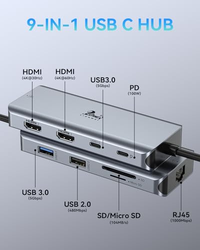 9-in-1 Docking Station Dual Monitor 4K LIONWEI USB C Hub for Laptop Mac | Dual HDMI, 4K, 100W PD, 5Gbps, Ethernet, SD/TF, USB C Dock for MacBook/Dell/HP/Lenovo/Thunderbolt Device - color: 9-in-1 (2 HDMI)