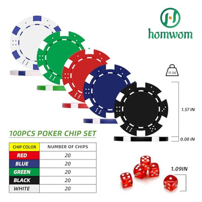 Homwom Poker Chip Travel Set, 100PCS 5 Color Professional Poker Chips in Cardboard Gift Box, 11.5 Gram Clay Composite Casino Poker Chips for Casino Card Games Texas Holdem Blackjack - style: 100pcs