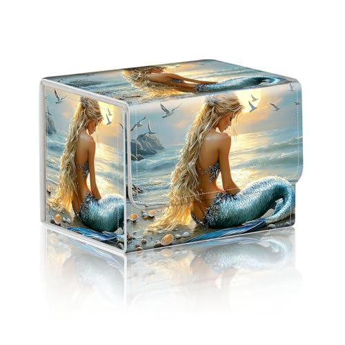 Trading Card Storage Box, Holds 100+ for MTG Cards, PU Leather with Magnetic Closure, Blonde Mermaid on Beach at Sunset Durable Deck Box for Magic the Gathering, Trading Card Games - color: Blonde Mermaid on Beach at Sunset