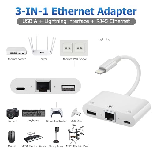 Lightning to RJ45 Ethernet Adapter Network Adapter, with Charge Port and USB Port Support USB Flash Drive/Keyboard/Mouse/Came, Plug and Play,Supports 100Mbps Ethernet Network - size: Lightning
