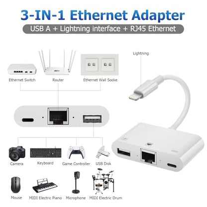Lightning to RJ45 Ethernet Adapter Network Adapter, with Charge Port and USB Port Support USB Flash Drive/Keyboard/Mouse/Came, Plug and Play,Supports 100Mbps Ethernet Network - size: Lightning