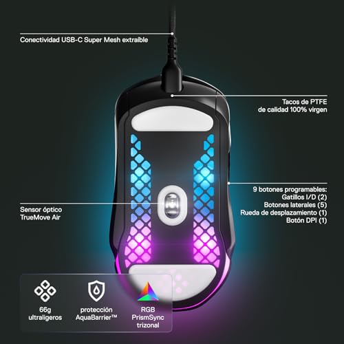 SteelSeries Aerox 5 - Holey RGB Gaming Mouse - Ultra-lightweight Water Resistant Design - 18K DPI TrueMove Air Optical Sensor | TrueMove Air sensor with 9 buttons and 66g weight for precision, speed and durability - style: Wired