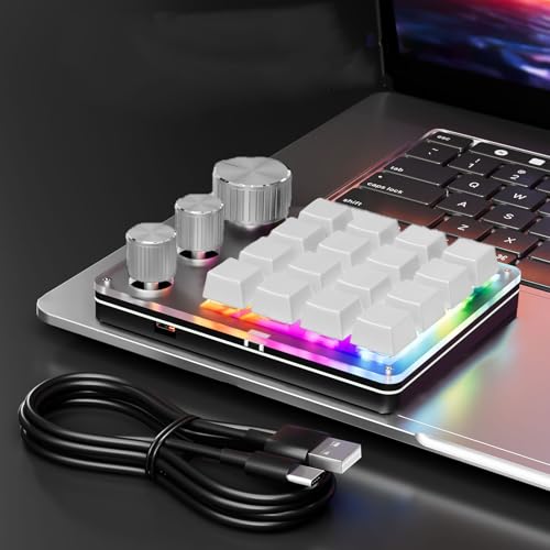 Tangxi Mini Macro Mechanical Gaming Keyboard, 16 Keys Wired Programmable Keypad with 3 Knobs, One Handed Custom Keyboard with LED Light, Red Switch, for Wins & OS X (White) - color: White