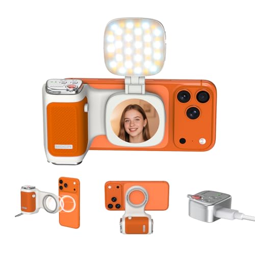COMITOK iPhone Camera Grip MOCA with Magnet Fill Light & Mirror for 17 Pro iOS26 Native Camera, Fun Shot Magnetic Grip for Phone Compatible iOS17 and iOS18 with Anti-Drop Detachable Remote & Keychain - color: Orange