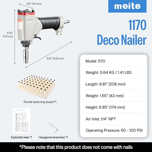 meite 1170 Pneumatic Deco Nail Gun 7/16 Inch (11.7mm) Head Diameter Air Decorative Tack Nailer Pins Nailer for Sofa Leather, Upholstering Furniture