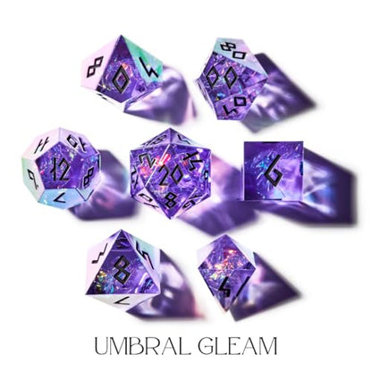 Iridescent DND Dice Set with Glowing LED Display Box – Sharp Edge Polyhedral Dice with Mesmerizing Finish | Bonus Stickers Included | Dungeons and Dragons (TTRPG) Dice Set - color: (Non-liquid Core) Iridescent - Umbral Gleam