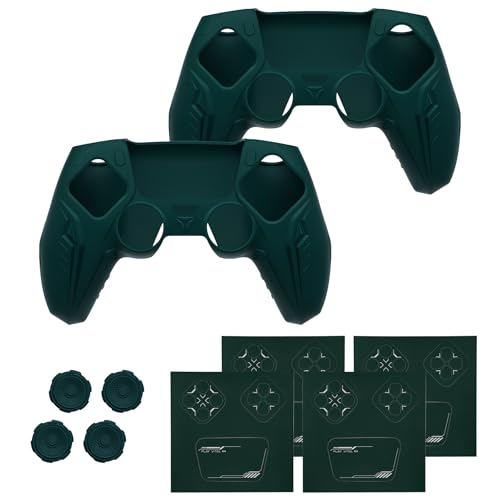PlayVital 2 Pack Silicone Skin Set for PS5 Controller - Charging Dock Compatible, Full Protection Case with Futuristic CyberMech Design, Soft Cover with Thumb Grips & Stickers - Racing Green - color: 2 Green