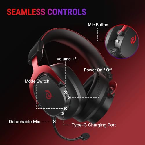 QCY Heroad VT200 Gaming Headset for PC: 53mm Neodymium Drivers - Detachable Noise Canceling Microphone - 2.4G/Bluetooth 6.0/Wired - Compatible for PS4/PS5, Switch, Xbox - 7.1 Surround Sound - color: Red
