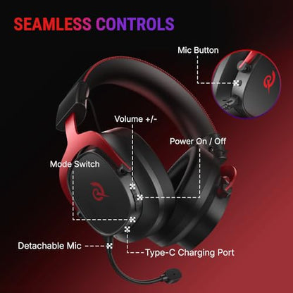 QCY Heroad VT200 Gaming Headset for PC: 53mm Neodymium Drivers - Detachable Noise Canceling Microphone - 2.4G/Bluetooth 6.0/Wired - Compatible for PS4/PS5, Switch, Xbox - 7.1 Surround Sound - color: Red