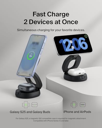 Belkin Qi2 15W Magnetic Wireless Charging Station, 2-in-1 Phone Stand | MagSafe compatible, iPhone 17/16/15, Apple Watch, AirPods, Pixel 10, portable charger stand, 30W adapter - color: Black, style: 2 in 1