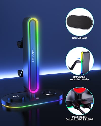 Headphone Stand, Dual Controller Holder, MagSafe Charger for iPhone/iWatch | RGB Gaming Headset Stand for All Headphones, Dual Outputs, ABS Solid Base, Adapter Included, Table Desk Organizer - color: Black with RGB