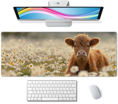 Gaming Mouse Pad Large,Cute Highland Cow on Daisy Mouse Pad Gaming Mouse Mat Desk Pad,31.5 x 11.8 Desk Mat Mouse Pads for Desk,Extended Keyboard Mousepad with Non-Slip Base and Stitched Edge - color: Cute Highland Cow on Daisy