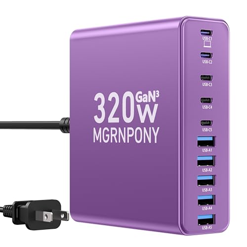 320W USB C Charger Block, 10-Port USB C Charging Station GaN III PD 65W Laptop Fast Charger Adapter for MacBook Pro/Air, DELL, iPad, iPhone, Samsung Galaxy (Purple) - color: Purple