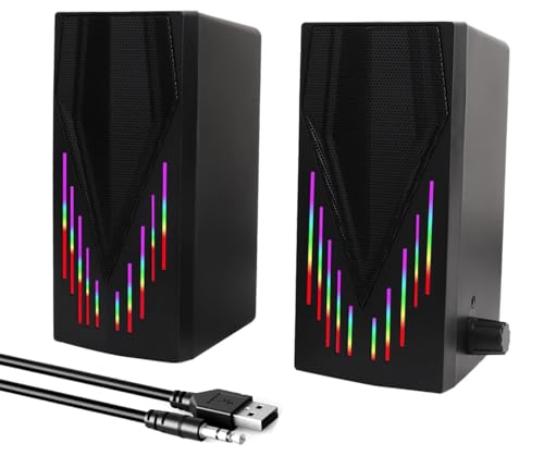Black Wired Computer Speakers, USB Powered Gaming Speakers with Zero-Lag Audio, Dynamic RGB Lighting, 3.5mm Aux Cable for PC Desktop Monitor Laptop Tablet