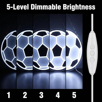 Soccer Neon Light 12.6" x 12.6" LED Football Wall Art Decor, 5-Level Dimmable Brightness USB Powered Acrylic Soccer Ball Lamp for Boys Bedroom, Game Room, Sport Bar, Sports Fans