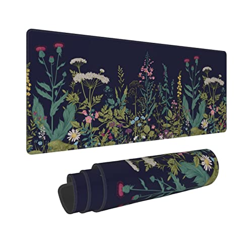 Flower Extended Gaming Mouse Pad Abstract Black Desk Mat 31.5x11.8 Inch Floral Texture Non-Slip Rubber Base Weeds Mousepad Stitched Edges Keyboard Mouse Mat Desk Pad for Office Home Game - color: Flower