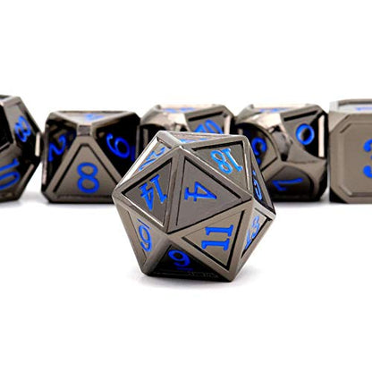 Haxtec Metal DND Dice Set, 7 Pcs Black Polyhedral Dice for Table Games | Blue Numbers D&D with Metal Case, Compatible with Dungeons and Dragons, Heavy Metallic 7 die, RPG Gifts for Board Games - color: Black Blue