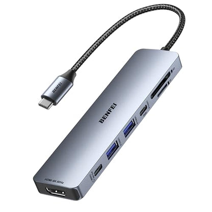 BENFEI 7-in-1 USB C Hub with HDMI(4K@60Hz), 2 USB-A, 1 USB-C Data, 100W Charge, SD/TF Card Reader, Silicone Tangle-Free Cable Compatible with MacBook Pro/Air, iPad Pro, iMac, iPhone 15 Pro/Pro Max - color: Grey