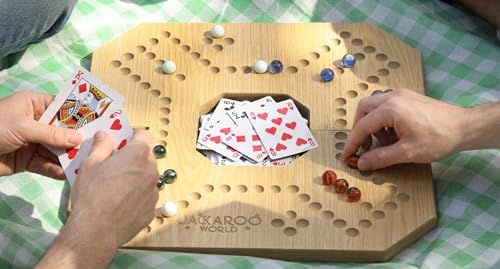 Jackaroo Board Game, 2-4 Player Marble Chase Board Game, Wooden Game with 16 Glass Marbles and 52 Cards, Marbles and Jokers Game, Marble Strategy Game, Foldable Board with Carry Bag for Adults (Oak) - color: Oak