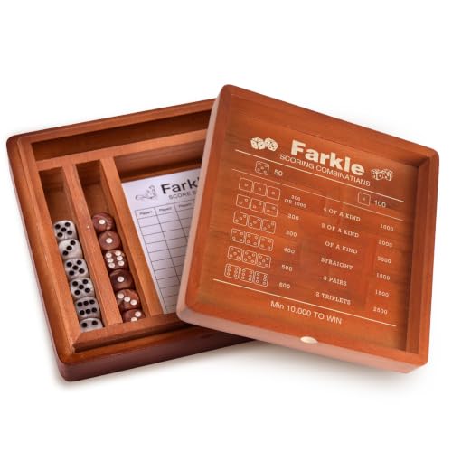 Demine Farkle Classic Dice Game Set – Wooden Dice Tray with Storage Case, 2 Sets of Dice, Score Pad, Pen Holder & Built-in Scoring Guide – Family Game Night or Gift