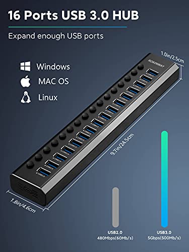 16-Port 96W Powered USB 3.0 Data Hub, Aluminum Housing, RSH-A16 | USB 3.0 Splitter with 12V/8A Power Adapter, Individual On/Off Switches and 3.3Ft USB 3.0 Cable - size: 16-Port Powered USB Hub