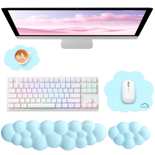 Sushret Cloud Wrist Rest for Computer Keyboard and Mouse Pad Set, Blue | Memory Foam, Leather, 4-in-1 Cloud Keyboard Wrist Rest Set with Ergonomic Support for Arm and Palm Cushion, Gaming/Work Setup - color: 07 Blue Set, size: Tenkeyless