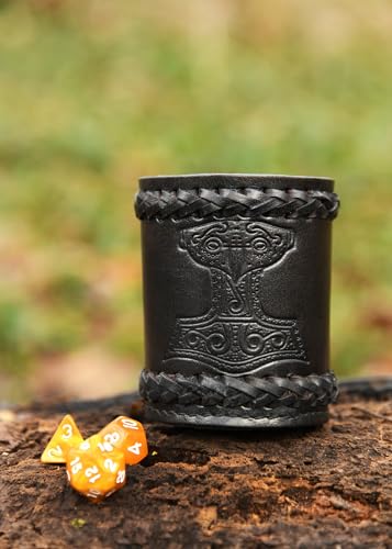 Ulfberth - Viking dice Cup with Embossed Motif - Genuine Leather - Medieval Leather Cup with Engraving (Thor's Hammer Style, Black) - color: Thor's Hammer, Black