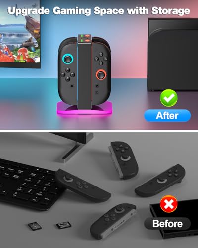 Upgraded Switch 2 Charging Dock for Nintendo Switch 2 Joycons, 4-in-1 Magnectic Controller Fast Charging Station with Adjustable 8 RGB Lights, Compact Desktop Stand for Bedroom & Gaming Setup,S - size: S-Square Sturdy Dock