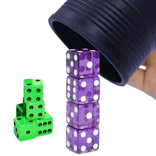 Dice Stacking Cup Set with 4 Pcs 19mm Purple and 5 Pcs 18mm Green Standard 6 Sided Dices, Blue Cup with Storage Bag - Magic Tricks Instruction