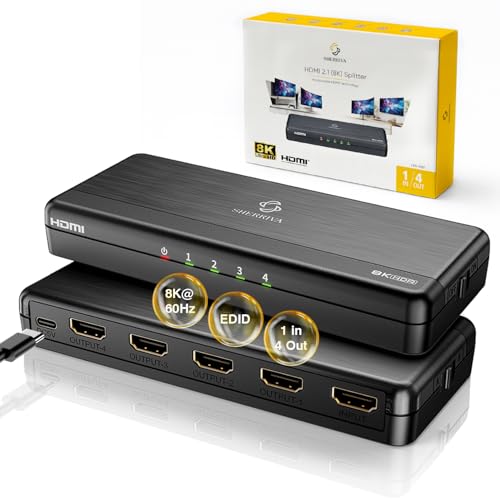 8K HDMI Splitter 1 in 4 Out (Mirror Only) – HDMI 2.1 | 8K@60Hz, 4K@240Hz DSC, 4K@120Hz, Auto Downscaling, 48Gbps, HDCP 2.3, Duplicate Screens for Multiple Monitors, TV, PS5, Xbox