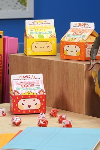 1985 Games Strawberry Kawaii Cat Dice Set – Milk Carton-Inspired Dice for DND | TTRPGs & Tabletop Roleplaying - color: Strawberry