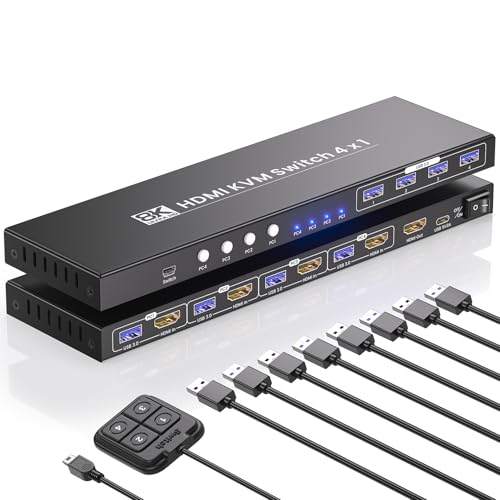 4 Port HDMI KVM Switch 1 Monitor 4 Computers, 8K60Hz 4K120Hz USB 3.0 KVM Switch, Control 4 PCs with 1 Monitor, Keyboard and Mouse - color: 8K 1 Monitor 4 PCs