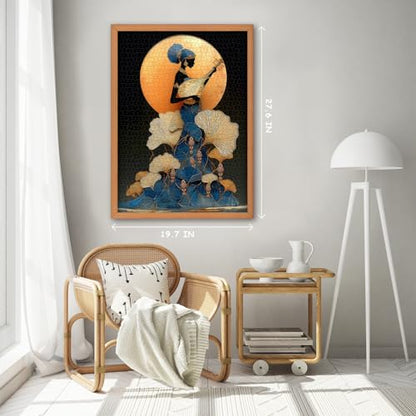 Impossible Puzzles for Adults 1000 Pieces，Music Lady Puzzles, Black Woman Puzzle Art Feature Leaf Moon Musical Instruments,Elegant Puzzle as Wall Decor - style: Moonlit Lute Woman puzzle