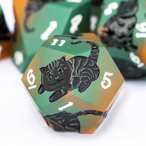 Metal DND Cat Dice 7PCS Polyhedral RPG Dice Set with Gift Case for Dungeons Dragons Role Playing Game, D and D Dice D6 D8 D10 D12 D20 D% (Orange Green) - color: Cat-orange Green&black