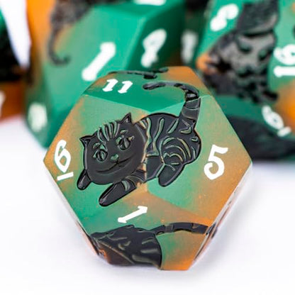 Metal DND Cat Dice 7PCS Polyhedral RPG Dice Set with Gift Case for Dungeons Dragons Role Playing Game, D and D Dice D6 D8 D10 D12 D20 D% (Orange Green) - color: Cat-orange Green&black
