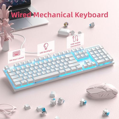 MageGee Mechanical Gaming Keyboard, Wired USB Adjustable Backlight Keyboard, New Mechanical Storm 100% Anti-ghosting Keyboards with Blue Switches for Windows PC/MAC Games (White) - color: White