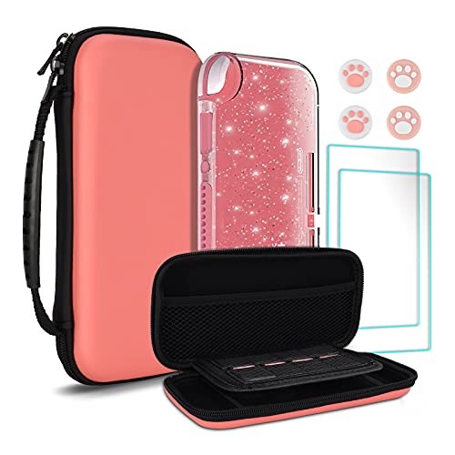TIKOdirect Carrying Case for Nintendo Switch lite,Shockproof Portable Travel Bag with Large Storage, Glitter Galaxy cover, Screen Protectors, Cute Cat Claw Thumb Grips Caps, Coral - color: Colar