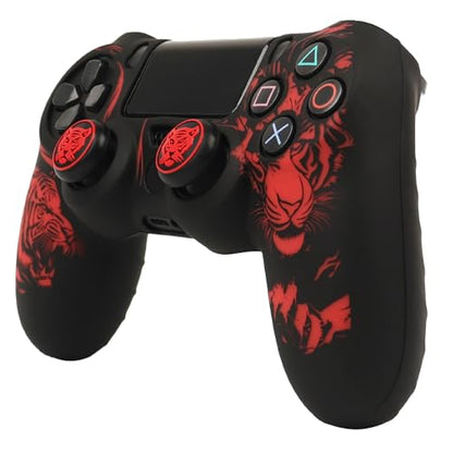 RALAN Tiger HeadDesign Controller Skin Cover with 2 Thumb Grips Compatible with PS4/Playstation 4 Slim/Pro Controller - color: Tiger Head Black Red