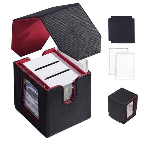 Commander Dual Display Deck Box — Patented Design Holds 130 Double-Sleeved/100 Triple-Sleeved Cards, Includes 2 Thick Card Bricks & 2 Dividers, Multi-Function Storage Cas（Black Red） - color: Black/Red